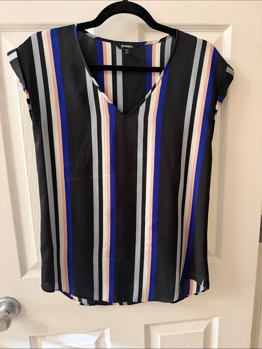Express Striped V-Neck Cap Sleeve Top in Black, Blue and White